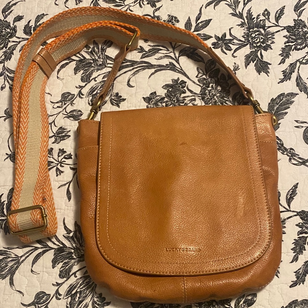 Lucky Brand Cognac Leather Crossbody with Woven Strap